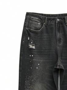 NEON BLANC 男士宽松水钻装饰长牛仔裤，宽牛仔裤，长款加大码深灰色洗水牛仔裤，适合送给老公、男朋友的礼物 - 黑色 - 查看 8