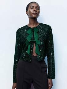 Maija Women's Elegant Long Sleeve Jacket With Glitter And Bow Decoration, Suitable For Early Spring Business Casual Women's Wear, Office Wear, Low-Key Old Money Style, Effortless Temperament, High-End Urban Commuting, The Same Style As The Editor-In-Chief Of The Magazine, Urban Social Vacation Party Wear, Charming, Low-Key And Durable Basic Style, Versatile And Not Picky Clothing, Street Fashion Wear, Clothing, Coffee Shop, Relaxed Wear