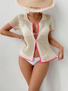 Women Ribbed Short Sleeve Single-Breasted Hollow Minimalist Cardigan Summer - Apricot - View 2