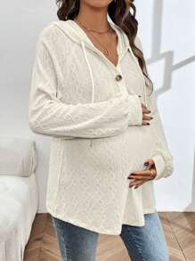 SHEIN Maternity Buttoned Half Placket Drawstring Sweatshirt With Ribbed Details And Raglan Sleeves - Apricot - View 4