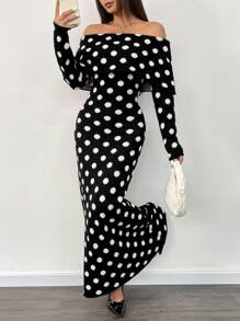 Roamenne Roamenne 1pc Women's Off-Shoulder Polka Dot Knitted Sweater Dress, Maxi Length - Multicolor - View 6