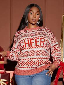 SHEIN SXY Plus Size Women "Cheers" Slogan Holiday Red & White Contrast Pattern Loose Stand Collar Sweater, Suitable For Christmas Eve Party
