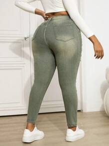 SHEIN ICON Plus Size Stretchy Distressed Blue Denim Jeggings, Fall Women Clothes - Green - View 2
