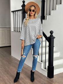 SHEIN LUNE 女士休闲波点蝙蝠袖 T 恤，秋冬 - 彩色 - 查看 6