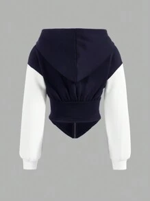 SHEIN EZwear 休闲拼色拉链抽绳连帽运动衫，秋冬 - 藏蓝色 - 查看 2