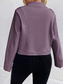 SHEIN LUNE 女士大码休闲翻领拉链摩托车夹克，适合秋季、冬季 - 紫色 - 查看 2