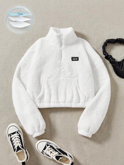 Sudadera tipo teddy con bolsillo con parche de letra y hombros caídos