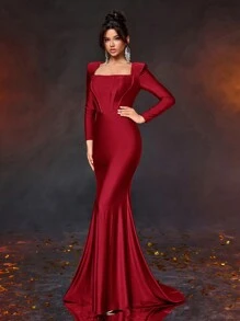 Glamrae Váy dạ hội cổ vuông tối giản thanh lịch, vai đệm dài tay, eo bó, viền đuôi cá, váy dự tiệc cưới, váy dự tiệc, váy trang trọng - Đỏ - Xem 3