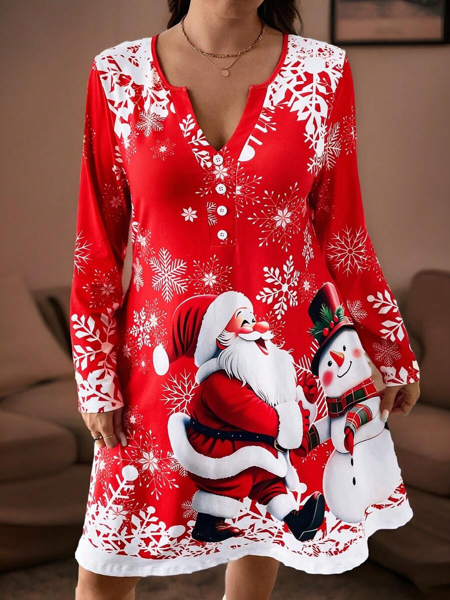 SHEIN LUNE Đầm thường ngày dài tay chữ A họa tiết ông già Noel cỡ lớn cổ chữ V trang trí nút - Nhiều màu - Xem 1