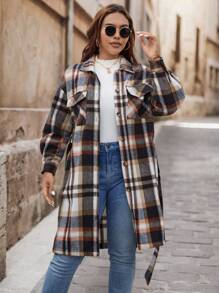 SHEIN VCAY Plus Size Fall/Winter Colorful Plaid Casual Mid-Length Belted Warm Coat - Red - View 3