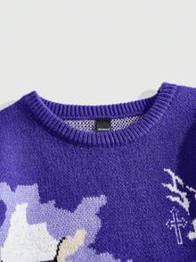 ROMWE MEN Street Life 男式骨印花拼色休闲套头毛衣 - 紫色 - 查看 4