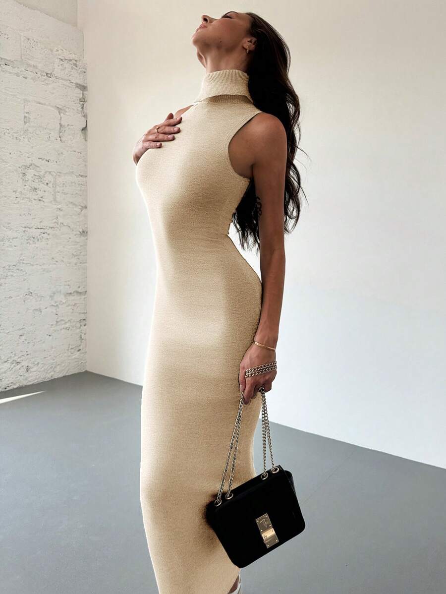 Aloruh 极简主义通勤休闲年轻女士灰色高领高领无袖紧身 H 型超长毛衣连衣裙 - 杏色 - 查看 1