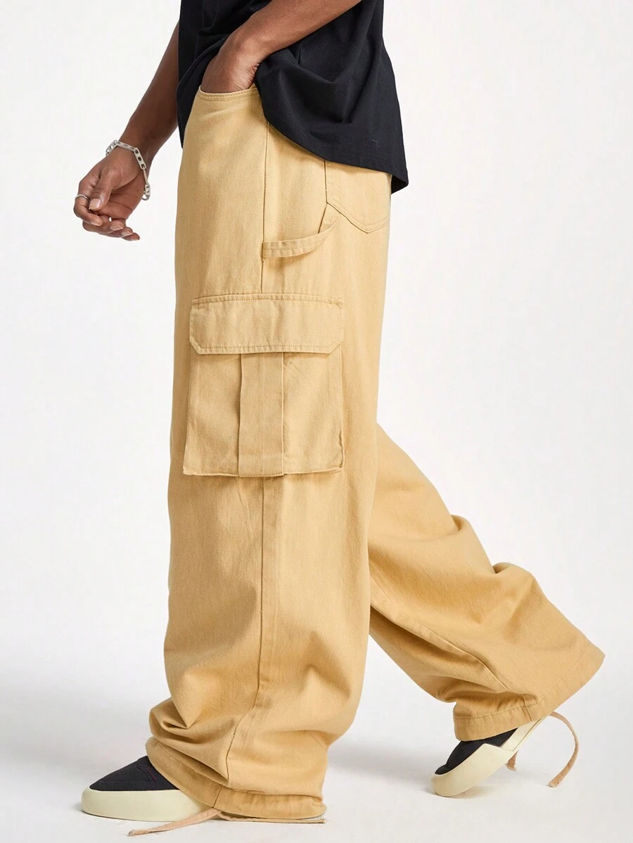 PAVTROS 男士卡其色休闲宽腿宽松纯色卡其色工装牛仔裤，适合送给丈夫、男朋友的礼物 - 卡其色 - 查看 1