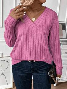 INAWLY Áo nỉ cổ chữ V họa tiết 12*4 thời trang giản dị cỡ lớn, dành cho mùa đông - Hồng - Xem 1