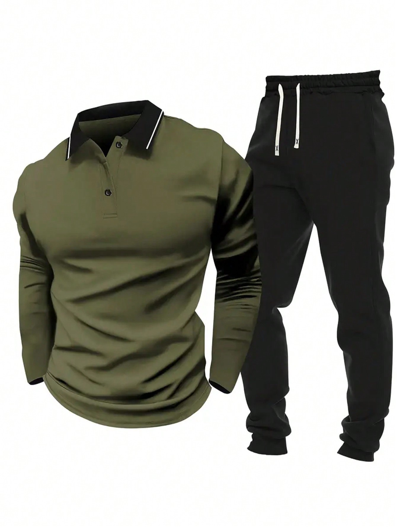 Manfinity Dauomo Men's Casual Sports Style Color-Block Polo Shirt & Drawstring Waist Sweatpants 2pcs Set