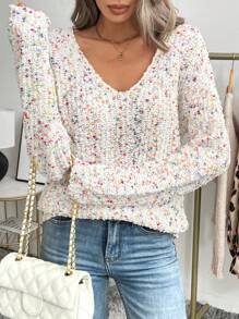 SHEIN LUNE 女士 V 领彩色绒球纹理针织套头衫，优雅休闲、通勤和街头穿着，秋冬季保暖 - 彩色 - 查看 5