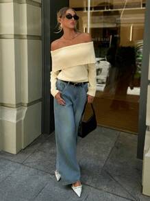 Aloruh 1 件女式纯色露肩长袖休闲针织毛衣，秋冬 - 黃色 - 查看 3