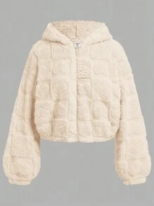 SHEIN Girlism Kurtka polarowa dla nastolatek z prostym kołnierzem i nadrukiem serca, rozpinana, dwustronna