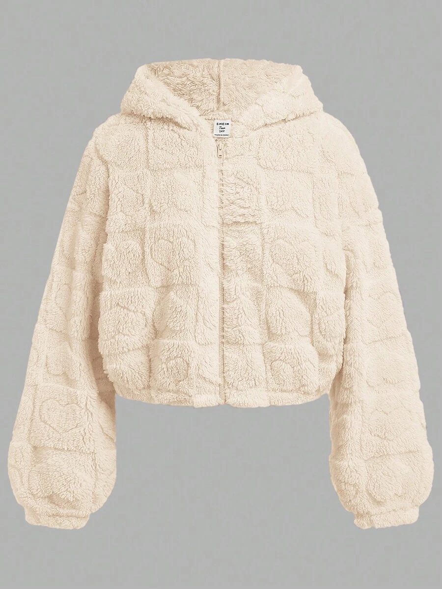 SHEIN Girlism Kurtka polarowa dla nastolatek z prostym kołnierzem i nadrukiem serca, rozpinana, dwustronna