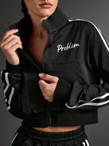 SHEIN Sports 女士纯色拼接前拉链长袖休闲上衣和裤子运动套装健身套装 - 黑色 - 查看 3