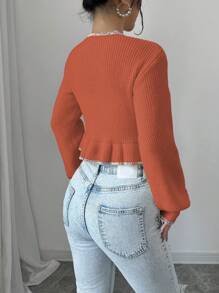 Elenzga Women Casual Contrast Color Ruffle Trim Cardigan, Autumn Fall Cloth For Women - Orange - View 2