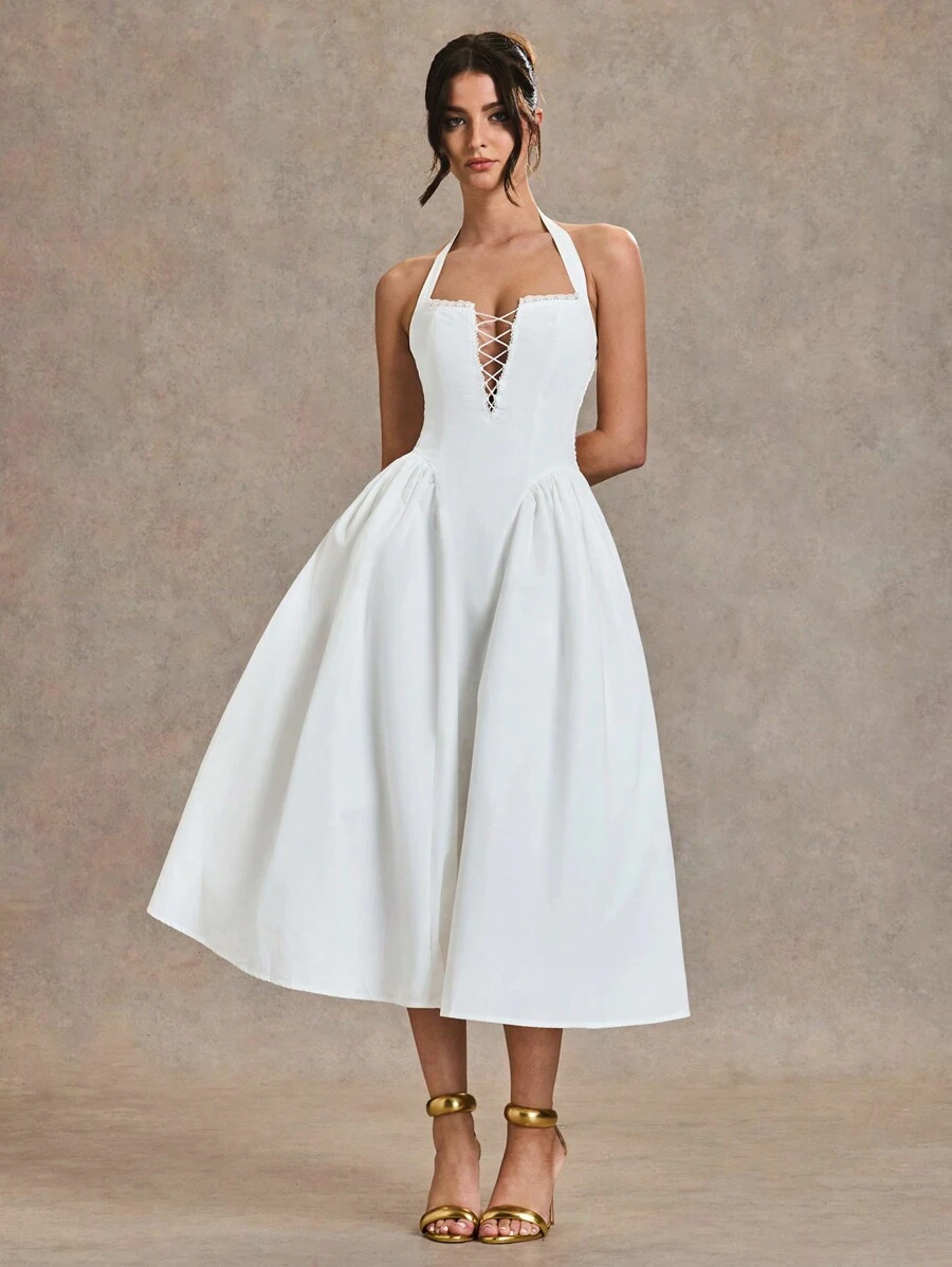 SHEIN BAE Váy xòe dài cổ chữ V ren vá chéo màu trắng thanh lịch, thích hợp cho tiệc cocktail, hẹn hò lãng mạn, mặc nhiều lớp vào mùa thu/đông, tiệc tùng, phù dâu cưới, đi chơi, Halloween, Giáng sinh - trắng - Xem 1