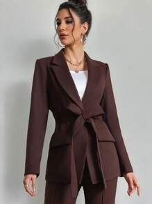 Firerie 女士优雅别致纯色咖啡色系带西装外套 - 咖啡棕 - 查看 1