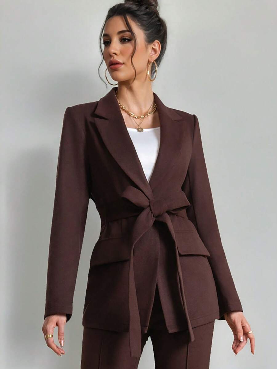 Firerie 女士优雅别致纯色咖啡色系带西装外套 - 咖啡棕 - 查看 1