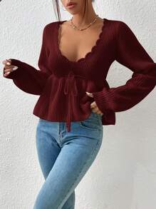 SHEIN Clasi Plus Size Lantern Sleeve Wave Collar Cinched Waist Pullover Sweater - Burgundy - View 6