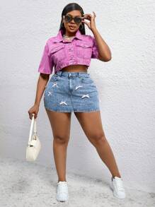 SHEIN SXY 大码休闲水洗短袖短款牛仔上衣 - 粉色 - 查看 4