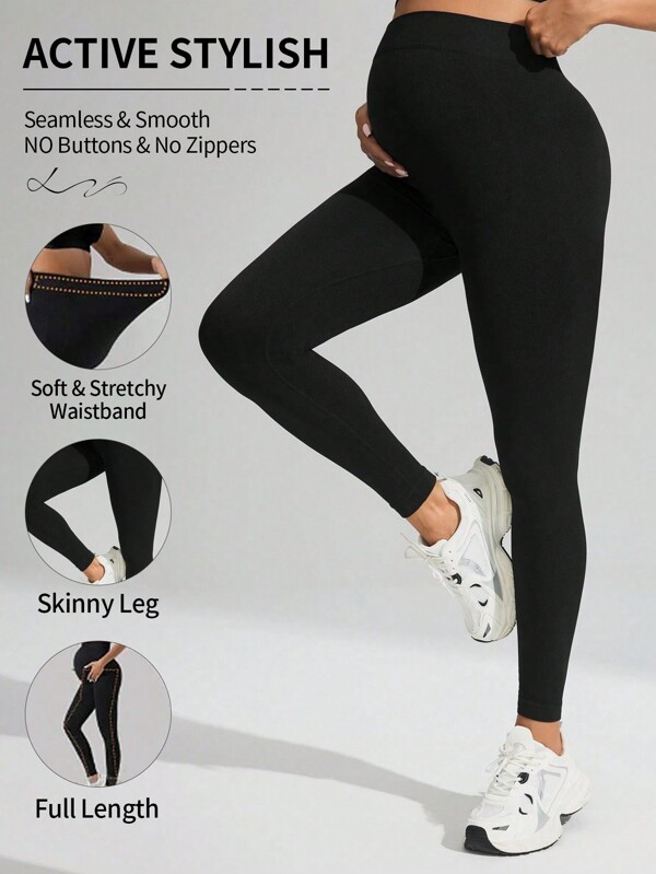 SHEIN Super Comfortable Women's Seamless Craft Black Solid Color Tight-Fitting Belly-Supporting Daily Casual Sports Butt-Lifting Maternity Pants For Pregnant Women