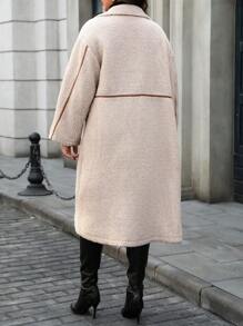 Flirla 大码女士优雅休闲通勤西装外套，法式立领双排扣蓬松饰边口袋长袖长外套，秋冬 - 杏色 - 查看 2