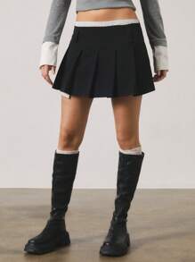 SHEIN Unity Chân váy xếp ly mini Colorblock dành cho nữ, trang phục thường ngày và công sở - màu đen - Xem 4