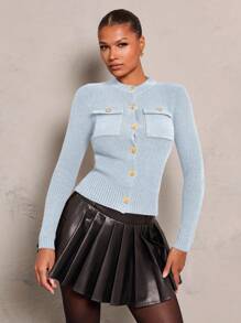 Glamine 女士纯色前扣口袋修身开衫，长袖 - 淺藍色 - 查看 5