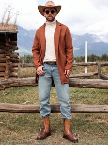 Manfinity Homme 男士休闲日常翻领大衣，秋季外出大衣，适合朋友、丈夫、男朋友的礼物 - 鏽棕色 - 查看 6