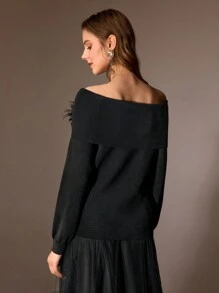 MOTF PREMIUM FOLDOVER OFF SHOULDER STEREO FLOWER DETAIL SWEATER - Black - View 4