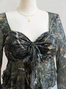 Soleia 大码复古枫叶网眼印花长袖女式上衣，假日风格 - 彩色 - 查看 7