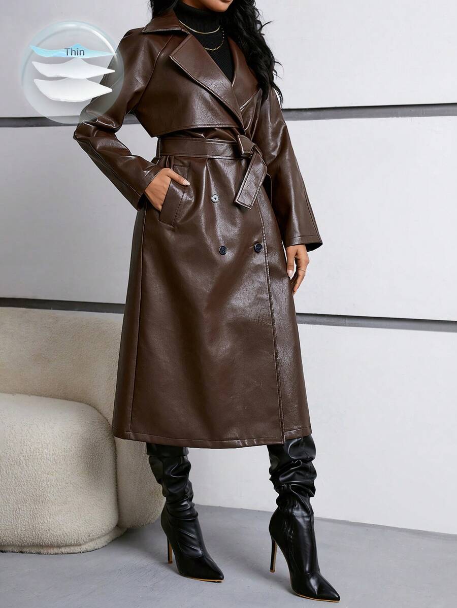 Firerie Women's Regular Fit Pu Leather Jacket With Contrast Lapel, Tie Belt And Waistband In Fall/Winter - Coffee Brown - View 1