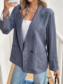 SHEIN Frenchy 女士条纹翻领长袖休闲西装外套，秋季，商务休闲女装，复古，优雅女装，正式女装连衣裙，优雅秋季女装连衣裙，派对服装圣诞服装约会服装派对服装万圣节服装 - 彩色 - 查看 3