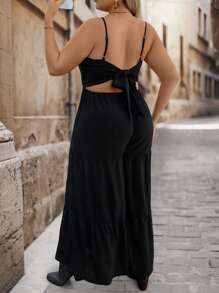 SHEIN VCAY 大码绿色细肩带蕾丝菠萝图案拼接腰部分层阔腿连体裤，系带，秋季休闲度假装 - 黑色 - 查看 3