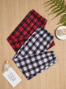 2pcs/Set Plus Size Plaid Pattern Drawstring Lounge Pants - Multicolor - View 6