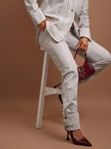 COSMINA 2 Pieces Women Casual Striped Lapel Neck Long Sleeve Jacket And Pants Set For Autumn