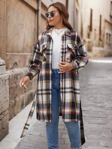 SHEIN VCAY Plus Size Fall/Winter Colorful Plaid Casual Mid-Length Belted Warm Coat - Red - View 9