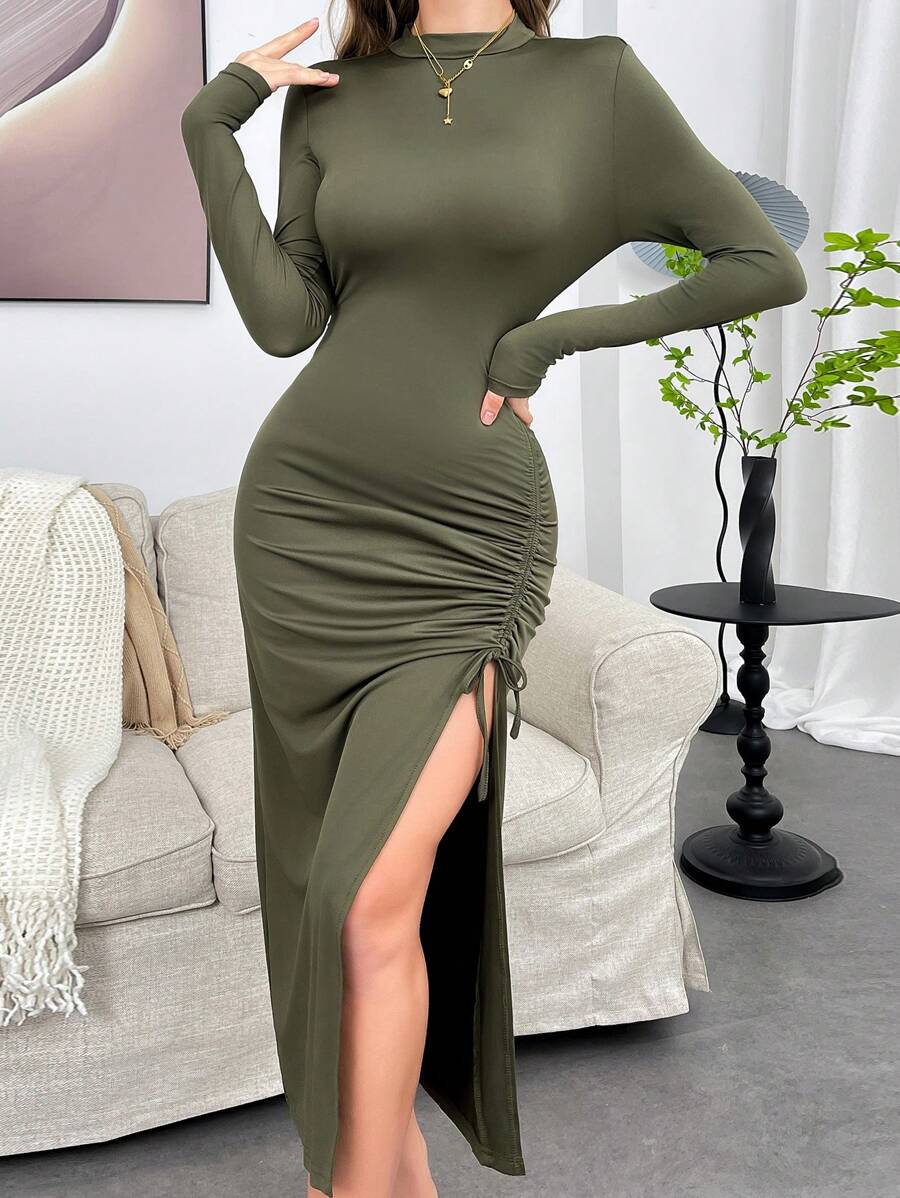 女士立领开衩褶皱设计休闲居家连衣裙 - 鏽棕色 - 查看 1