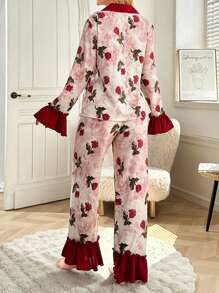 CottageSlumber Conjunto de ropa de dormir para mujer con estampado floral, cuello con volantes y bloque de color, para la temporada de vacaciones, otoño e invierno - Burdeos - Ver 2
