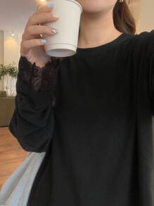 DAZY Women Casual Contrast Lace Simple Solid Round Neck Black Long Sleeve T-Shirt, Autumn,Fall Women Clothes - Black - View 5