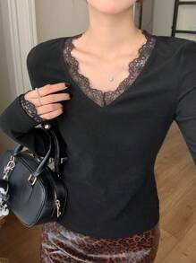 DAZY Women Casual Plain Color Lace Trim Mix Long Sleeve T-Shirt, Autumn/Winter