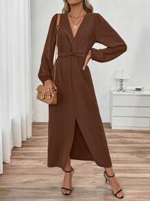 Calvaya 女士优雅纯色扭纹细节前开衩连衣裙，秋季长款女装秋季服装 - 棕色 - 查看 7