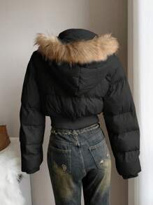 Comfortcana 女士休闲拼布蓬松抽绳绒球装饰拉链连帽棉服外套，冬季 - 黑色 - 查看 2