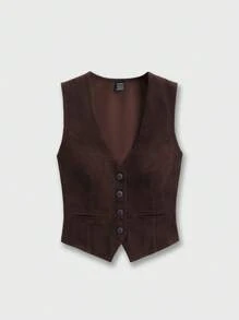 Sweetra 1 件女式 V 领单排扣休闲宽松背心，无袖 Y2K 服装 - 棕色 - 查看 1